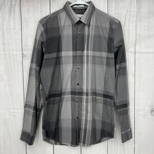 Calvin Klein SMALL (14-14.5) Mens Gray Plaid Non-Iron Fit Button Up Dress Shirt